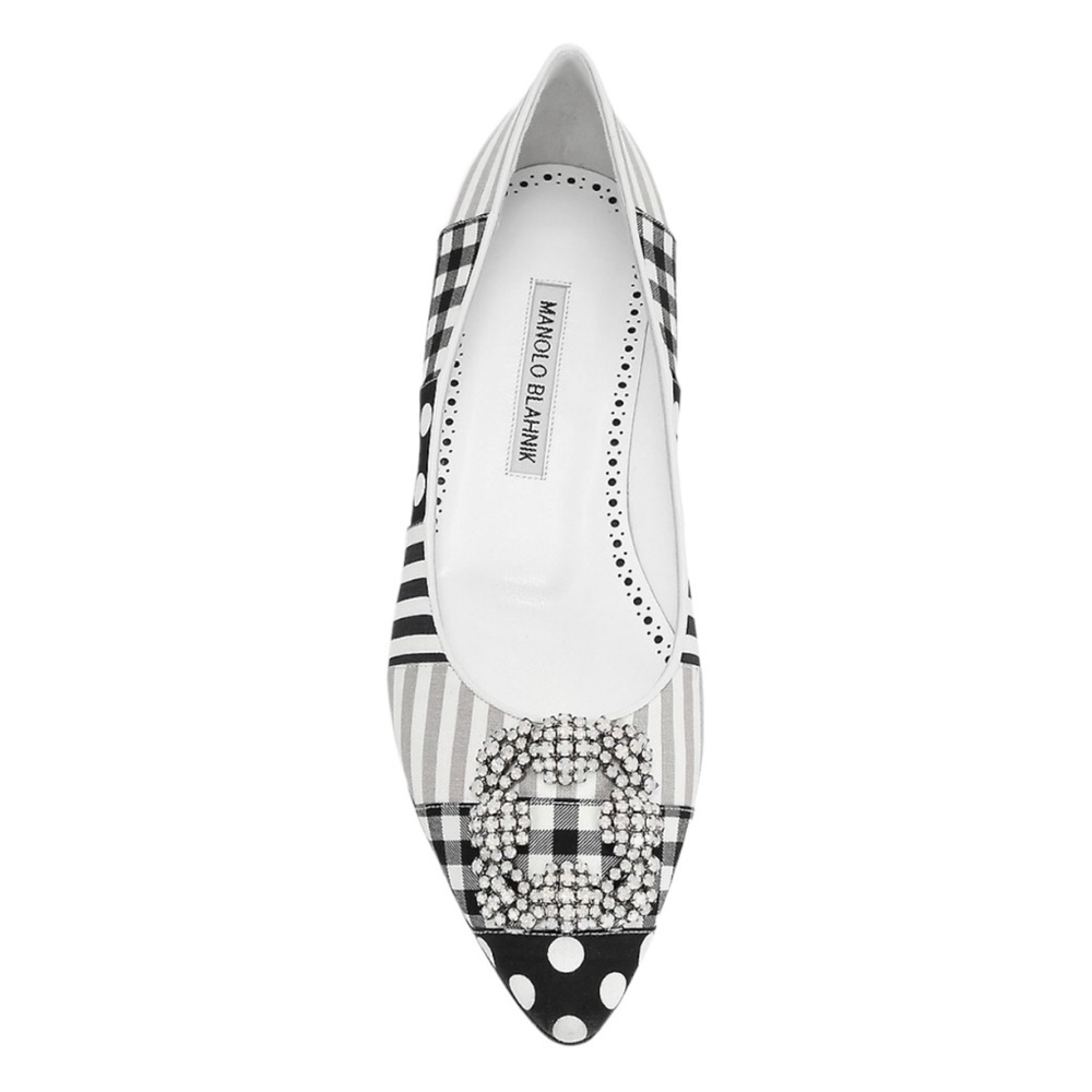Manolo Blahnik Hangisi Flat Black Patches Jewel Buckle Classic Ballet  37.5